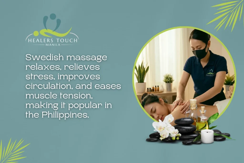 Swedish massage therapy relaxing muscles and reducing stress in a peaceful setting.