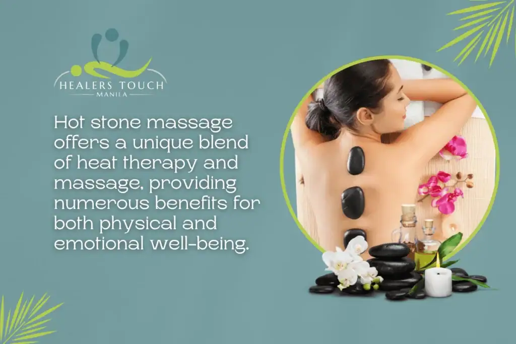 Woman receiving hot stone massage for relaxation and pain relief.