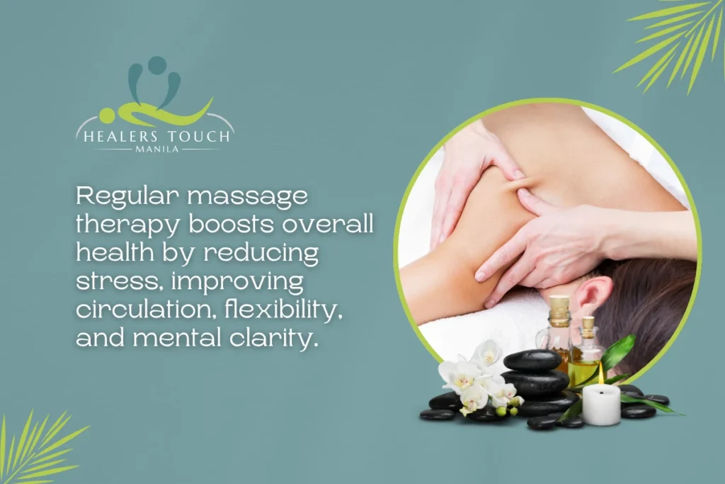 Relaxing massage therapy boosts overall health by reducing stress, improving circulation, flexibilit.