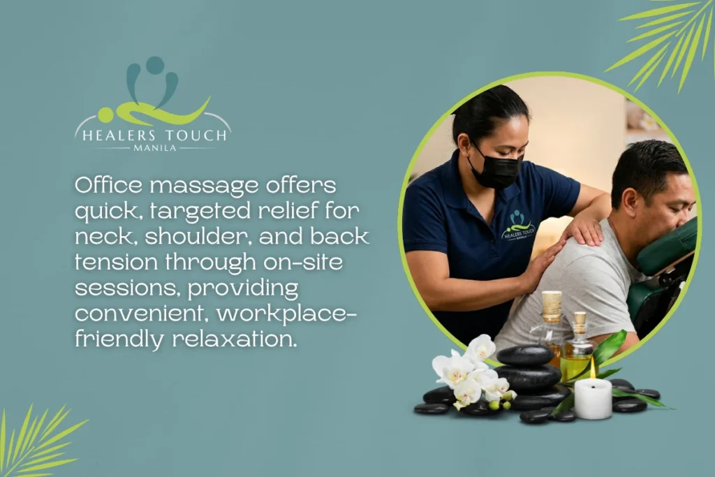 Woman receiving office massage for neck and shoulder relaxation at Healers Touch Manila.