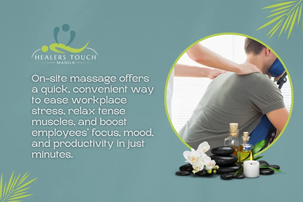 On-site massage relieves workplace stress, eases muscle tension, and boosts employee focus and produ.