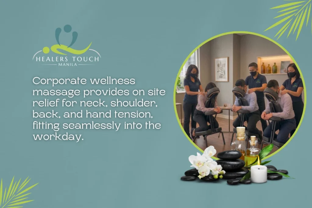 Corporate wellness massage for neck, shoulder, back, and hand tension to boost employee productivity.
