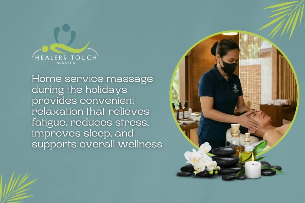 Relaxing home massage for holiday fatigue relief and stress reduction. Convenient wellness service t.