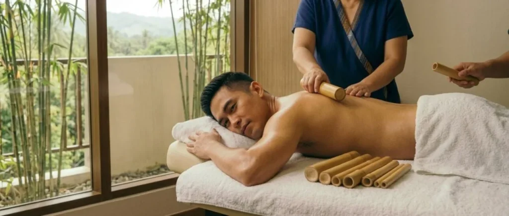 Relaxing bamboo massage therapy for stress relief and muscle relaxation.