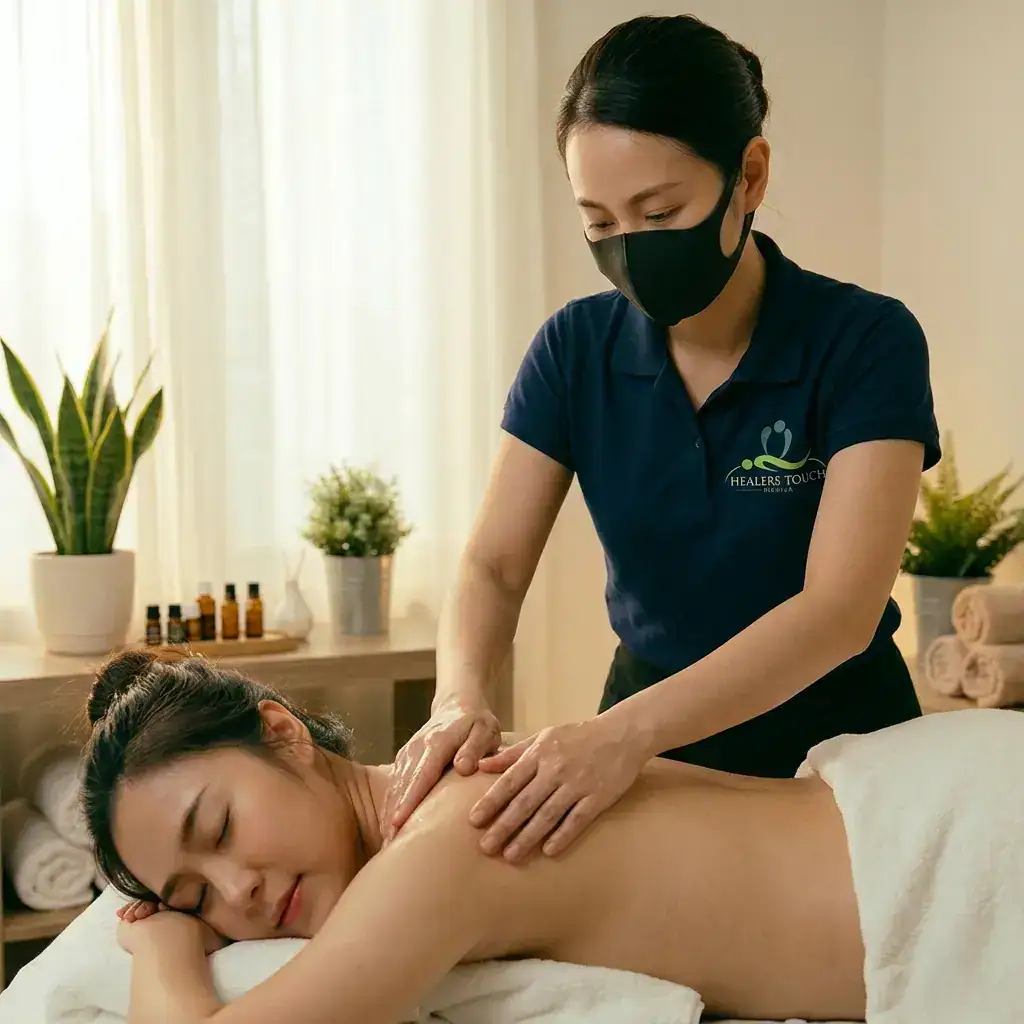 This image shows a woman enjoying a professional massage session, emphasizing relaxation and holistic health services offered at Healers Touch.
